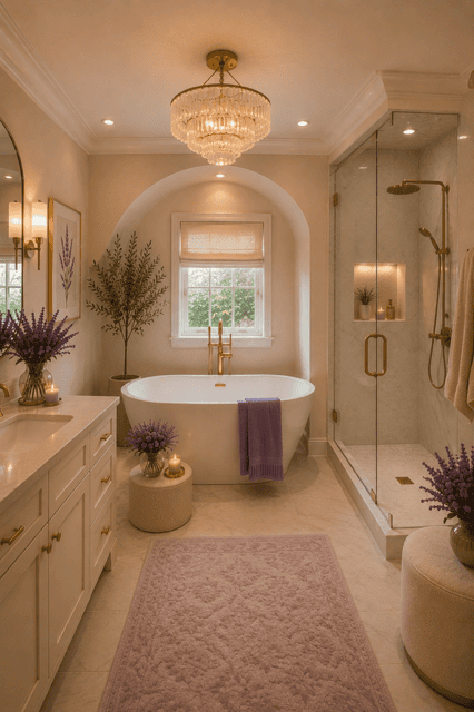 Elegant bathroom with a freestanding bathtub, glass shower, lavender flowers, soft purple rug, gold fixtures, warm lighting, and spa-inspired decor.