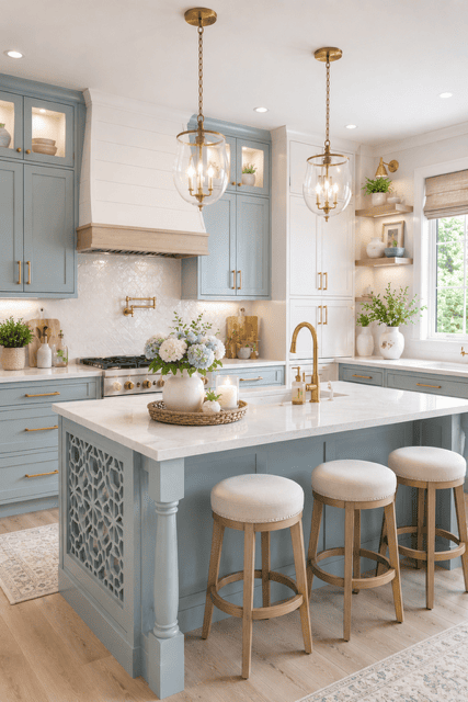 Luxury coastal kitchen featuring pastel blue cabinetry, spacious white island, glass pendant chandeliers, brass fixtures, decorative range hood, fresh flowers, and bright airy interiors.