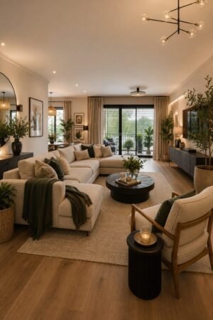 Modern organic living room featuring a cream sectional sofa, accent chair, round coffee table, woven area rug, TV console, neutral curtains, decorative pillows, throw blanket, indoor plants, modern lighting, wall art, and cozy home decor accessories.