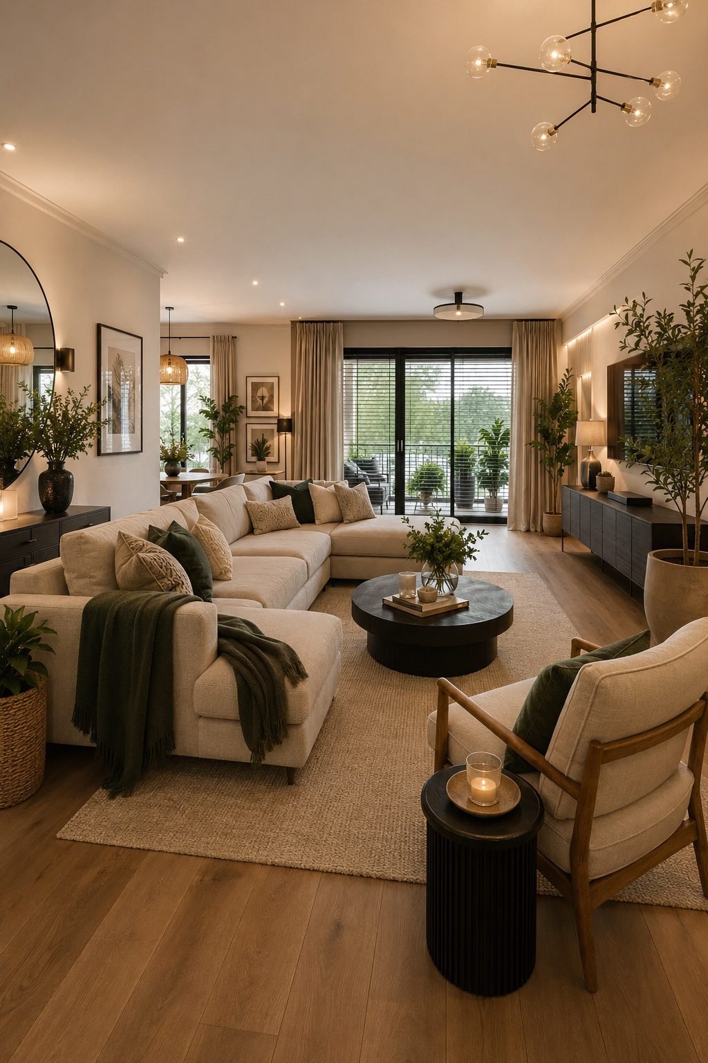 Modern organic living room featuring a cream sectional sofa, accent chair, round coffee table, woven area rug, TV console, neutral curtains, decorative pillows, throw blanket, indoor plants, modern lighting, wall art, and cozy home decor accessories.