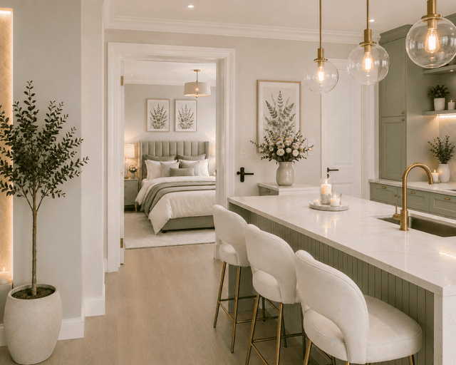 Bright open kitchen featuring a white quartz island, gold fixtures, sage green cabinets, and a beautiful view into a cozy neutral bedroom with elegant decor.