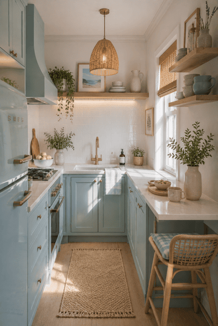 Scandinavian-inspired coastal kitchen featuring a retro blue refrigerator, pastel blue cabinets, brass faucet, white countertops, woven seating, and soft sunlit interiors.