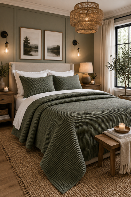 Dark Olive Green Comforter Sets styled in a rustic modern bedroom with woven pendant light, wood furniture, textured bedding, botanical artwork, warm lighting, and earthy neutral decor.