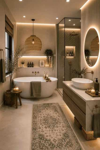 Luxury spa bathroom with a freestanding tub, floating vanity, warm LED lighting, glass shower, brass fixtures, greenery, and cozy sage green home decor ideas.