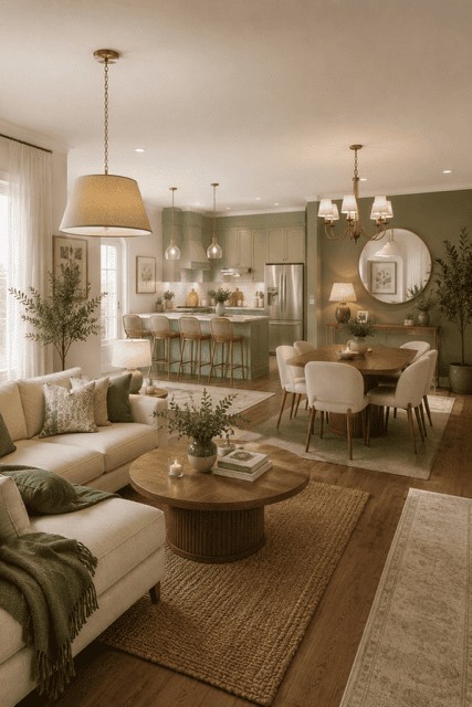 Elegant open concept living room, kitchen, and dining space with neutral furniture, round coffee table, warm lighting, and contemporary styling.