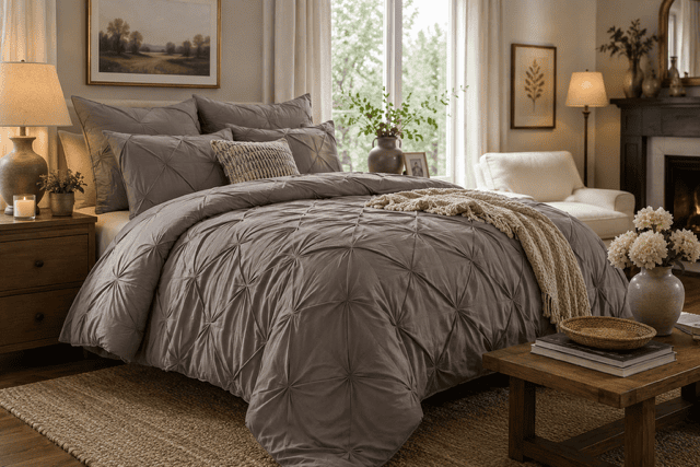 Taupe pintuck comforter set styled in a warm neutral bedroom with fireplace, layered pillows, wooden furniture, and one of the best bedding sets for every bedroom.