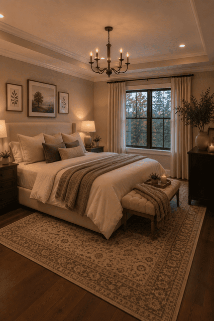 Relaxing Neutral Home Decor bedroom featuring soft white bedding, layered pillows, warm bedside lamps, textured throws, neutral artwork, and elegant wood furniture.