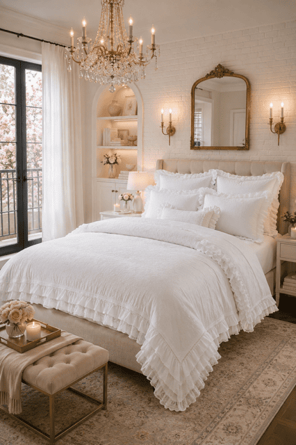 Luxury white ruffle bedding set styled in an elegant bedroom with crystal chandelier, gold mirror, soft lighting, and timeless decor, making it one of the best bedding sets for every bedroom.