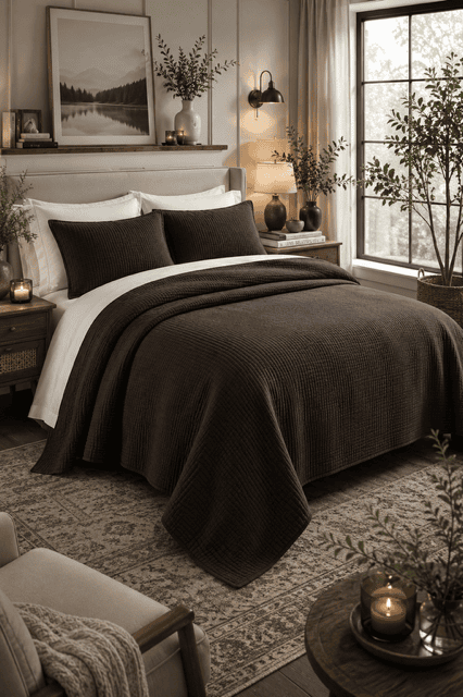 Dark Brown Comforter Sets displayed in a warm rustic bedroom featuring soft layered bedding, neutral walls, wooden furniture, botanical accents, cozy lighting, and timeless modern farmhouse home decor.