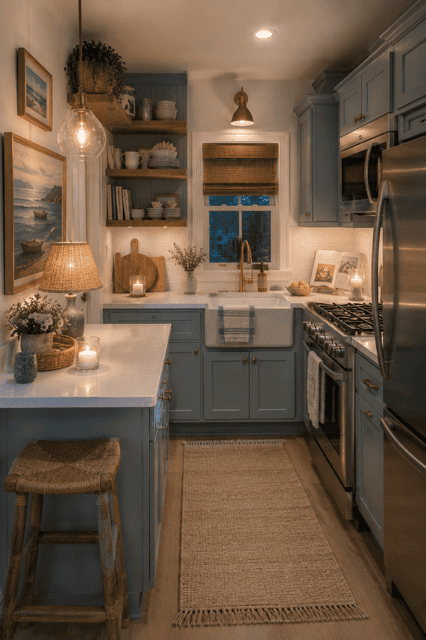 Compact coastal kitchen with soft blue cabinets, farmhouse sink, floating wood shelves, warm pendant lighting, white countertops, stainless steel appliances, and cozy evening ambiance.