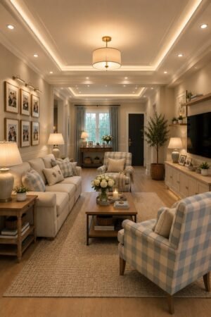 Classic American living room featuring a neutral sofa, blue plaid accent chairs, wooden coffee table, TV console, table lamps, floating shelves, family gallery wall, cozy area rug, indoor plants, elegant lighting, and coordinated home decor accessories.
