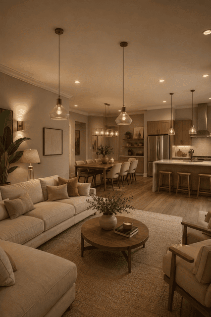 Open concept living room with fireplace, spacious kitchen, round dining table, neutral décor, and warm contemporary interior design.