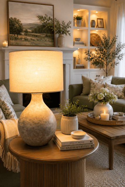Warm statement table lamp creating cozy lighting in an elegant living room