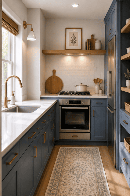 Stylish navy blue kitchen featuring white countertops, warm wood floating shelves, stainless steel appliances, brass hardware, patterned vintage runner rug, and cozy natural lighting.