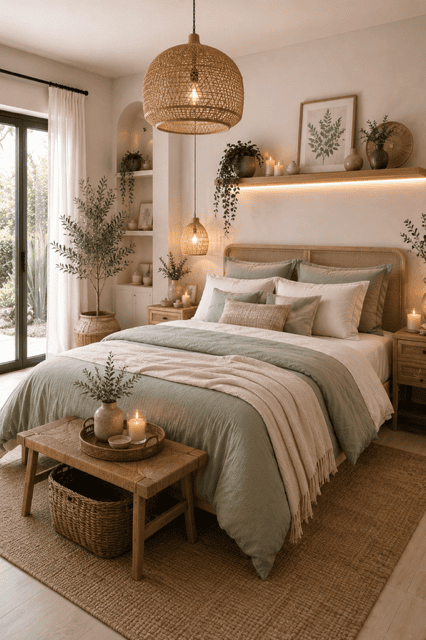 Cozy sage green bedroom featuring layered white bedding, woven pendant lighting, wooden bench, indoor plants, soft textures, and elegant cozy sage green home decor ideas.