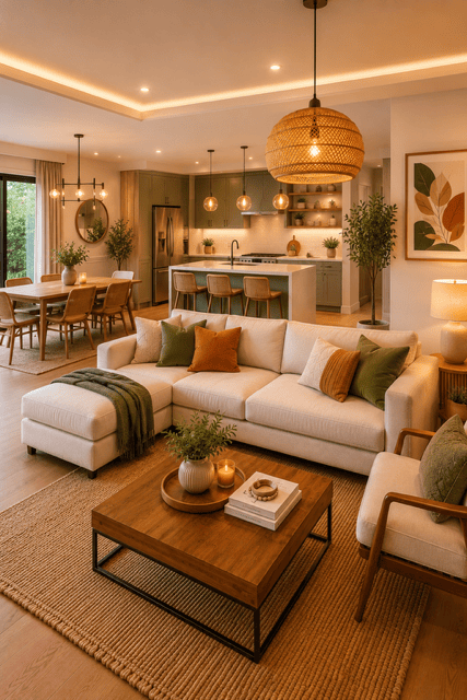 Warm contemporary open concept living room, kitchen, and dining area with soft neutral furniture, wooden finishes, pendant lighting, and inviting family-friendly décor.