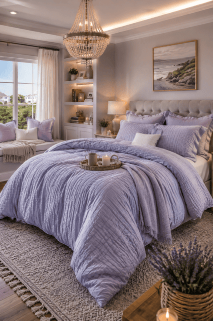 Lavender purple comforter set in an elegant bedroom with crystal chandelier, soft lighting, neutral decor, and one of the best bedding sets for every bedroom.