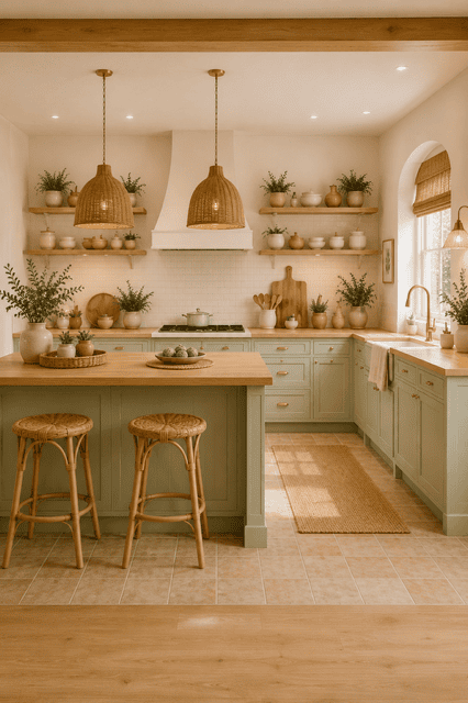 Cozy sage green farmhouse kitchen featuring a wooden island, open shelving, woven pendant lights, brass hardware, and cozy sage green home decor ideas.