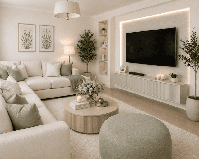Cozy modern living room featuring cream sectional sofas, sage green accent pillows, round coffee table, soft LED lighting, and warm minimalist home decor ideas.