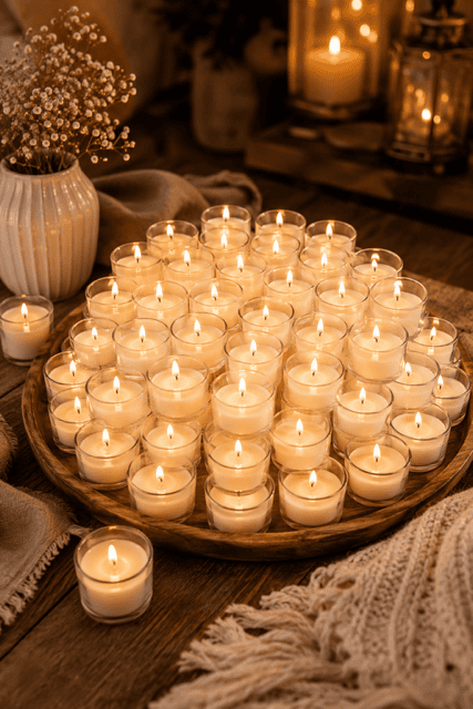 Large collection of glass votive candles creating a warm, relaxing, and inviting atmosphere for cozy living room decor.