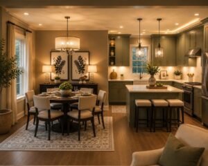 Modern kitchen and dining room featuring a kitchen island, upholstered dining chairs, round dining table, bar stools, pendant lights, drum chandelier, green shaker cabinets, wall art, table lamps, area rugs, curtains, decorative vases, indoor plants, and coordinated home decor accessories.