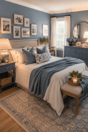 Coastal blue bedroom featuring an upholstered bed, white bedding, blue throw blanket, decorative pillows, nightstands, dresser, round mirror, table lamps, gallery wall, area rug, bench, and cozy bedroom decor.