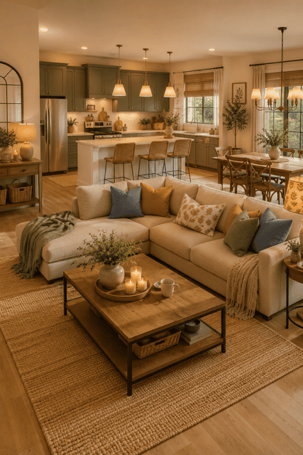 Cozy family open concept living room with olive green kitchen, wooden dining table, neutral sofa, layered textures, and warm ambient lighting.