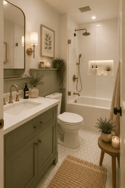 Small sage green bathroom with brass fixtures, white tile shower, botanical decor, modern vanity, and cozy sage green home decor ideas.