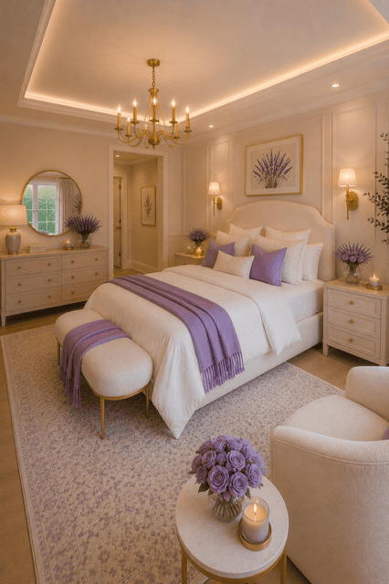 Cozy master bedroom featuring cream furniture, lavender throw blanket, purple accent pillows, floral artwork, gold lighting, and soft neutral decor.