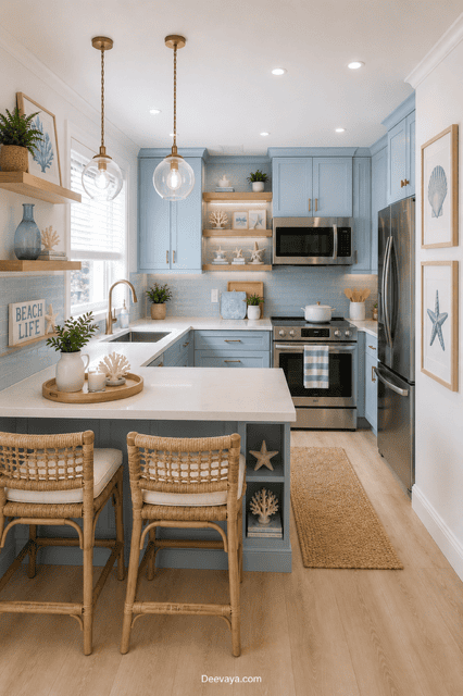 Cozy beach house kitchen with soft aqua cabinets, white island, woven bar stools, jute runner rug, fresh greenery, coastal decor, and large sun-filled windows.