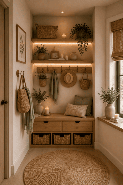Cozy sage green mudroom featuring built-in wooden storage, woven baskets, floating shelves, decorative plants, warm lighting, and functional entryway organization ideas for a welcoming home.