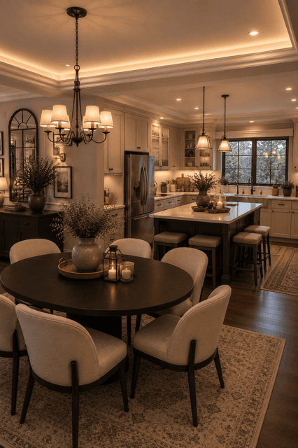 Cozy Neutral Home Decor featuring a round dining table, upholstered chairs, warm lighting, elegant kitchen island, cream cabinetry, and a timeless open-concept American home.
