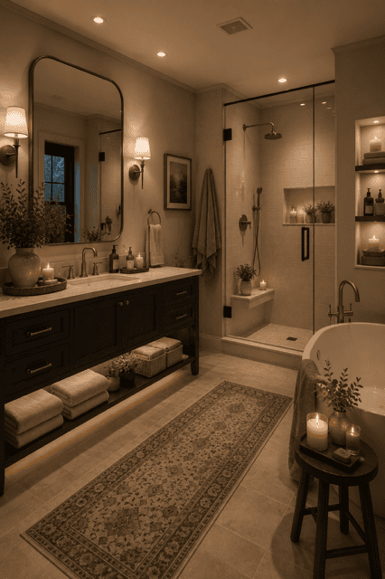 Luxury Neutral Home Decor bathroom featuring a floating wood vanity, vessel sink, walk-in glass shower, warm lighting, natural greenery, and soft earthy finishes.