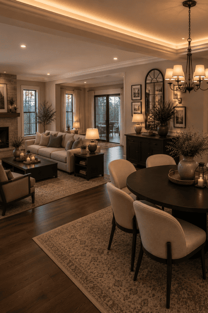 Stylish Neutral Home Decor with an open living room, dining area, stone fireplace, soft neutral furniture, layered rugs, and warm ambient lighting for a cozy family home.