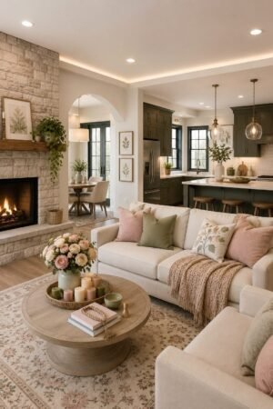 Beautiful open concept living room, kitchen, and dining space featuring neutral sofas, wooden coffee table, stone fireplace, floral decor, cozy throw pillows, area rug, kitchen island, pendant lights, bar stools, shaker cabinets, dining table, indoor plants, and modern farmhouse home accessories.