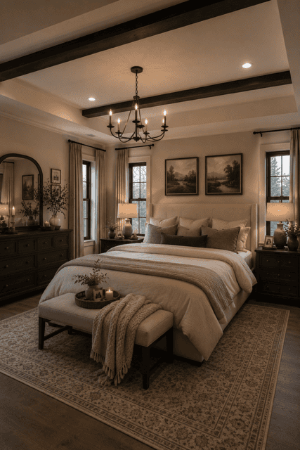 Relaxing Neutral Home Decor bedroom featuring soft white bedding, layered pillows, warm bedside lamps, textured throws, neutral artwork, and elegant wood furniture.