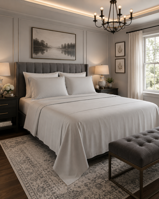 White Comforter Sets styled in an elegant modern bedroom featuring a gray upholstered bed, black nightstands, warm lighting, neutral artwork, layered bedding, and timeless American home decor.