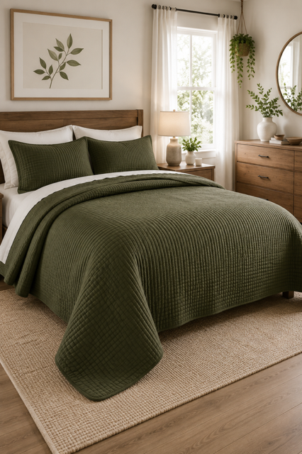 Olive Green Comforter Sets styled in a warm natural bedroom featuring wooden furniture, round mirror, botanical accents, layered bedding, soft lighting, and modern farmhouse home decor.