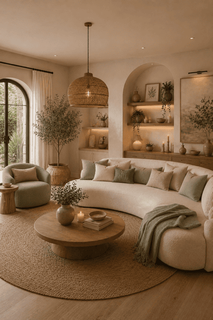 Elegant living room with a curved cream sofa, warm wood coffee table, woven lighting, candles, greenery, and cozy sage green home decor ideas creating a peaceful relaxing atmosphere.