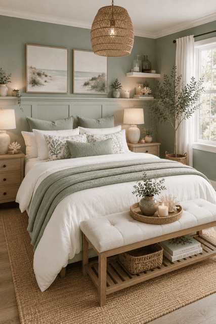 Elegant sage green bedroom featuring layered white bedding, woven pendant light, botanical artwork, natural wood furniture, and cozy sage green home decor ideas.