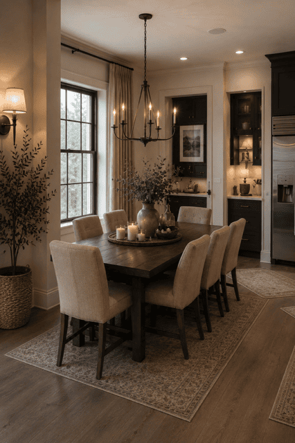 Cozy Neutral Home Decor dining room featuring a solid wood dining table, upholstered chairs, candle-style chandelier, warm lighting, neutral textiles, and elegant American farmhouse design.