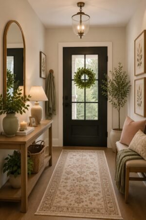 Cozy modern farmhouse entryway featuring a wooden console table, vintage runner rug, arched mirror, table lamp, pendant light, upholstered entry bench, decorative pillows, throw blanket, wall art, greenery, woven basket, candles, and elegant foyer decor.