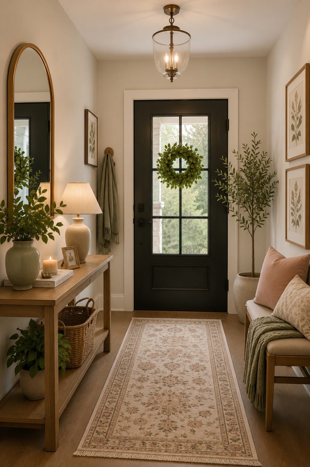 Cozy modern farmhouse entryway featuring a wooden console table, vintage runner rug, arched mirror, table lamp, pendant light, upholstered entry bench, decorative pillows, throw blanket, wall art, greenery, woven basket, candles, and elegant foyer decor.