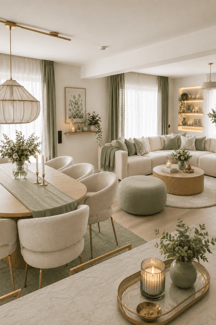 Open concept living and dining room featuring a cream sectional sofa, sage green decor accents, boucle dining chairs, natural wood furniture, soft lighting, and cozy modern home styling.
