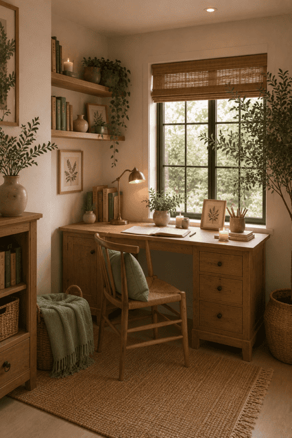 Cozy sage green home office with a wooden desk, floating shelves, woven rug, indoor plants, and warm lighting creating a calm workspace with cozy sage green home decor ideas.