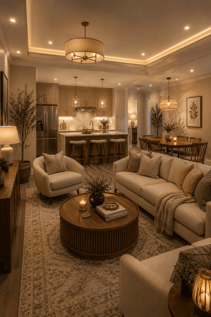 Elegant open concept living room, kitchen, and dining area with neutral furniture, warm pendant lighting, spacious kitchen island, wooden dining table, and cozy contemporary décor.