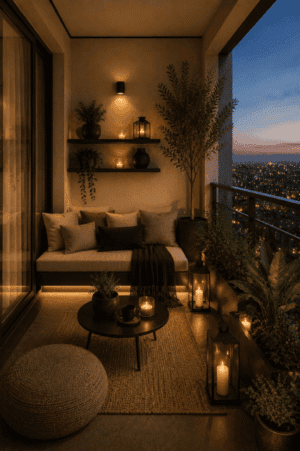 Modern cozy apartment balcony featuring an outdoor loveseat, round coffee table, woven rug, lantern candles, decorative pillows, potted plants, floating shelves, outdoor lighting, and stylish balcony decor with a beautiful city skyline view.