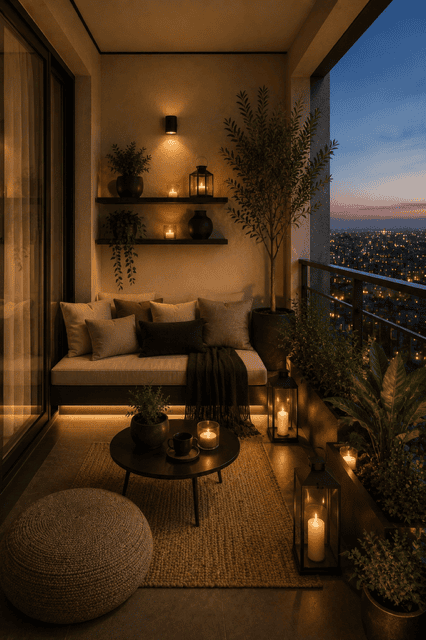 Modern cozy apartment balcony featuring an outdoor loveseat, round coffee table, woven rug, lantern candles, decorative pillows, potted plants, floating shelves, outdoor lighting, and stylish balcony decor with a beautiful city skyline view.