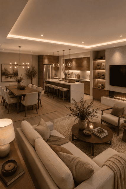 Contemporary open concept living room, kitchen, and dining area featuring a modern fireplace, warm wood finishes, soft neutral décor, and ambient lighting.