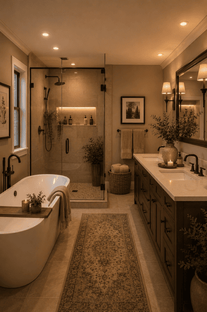 Luxury Neutral Home Decor bathroom featuring a floating wood vanity, vessel sink, walk-in glass shower, warm lighting, natural greenery, and soft earthy finishes.